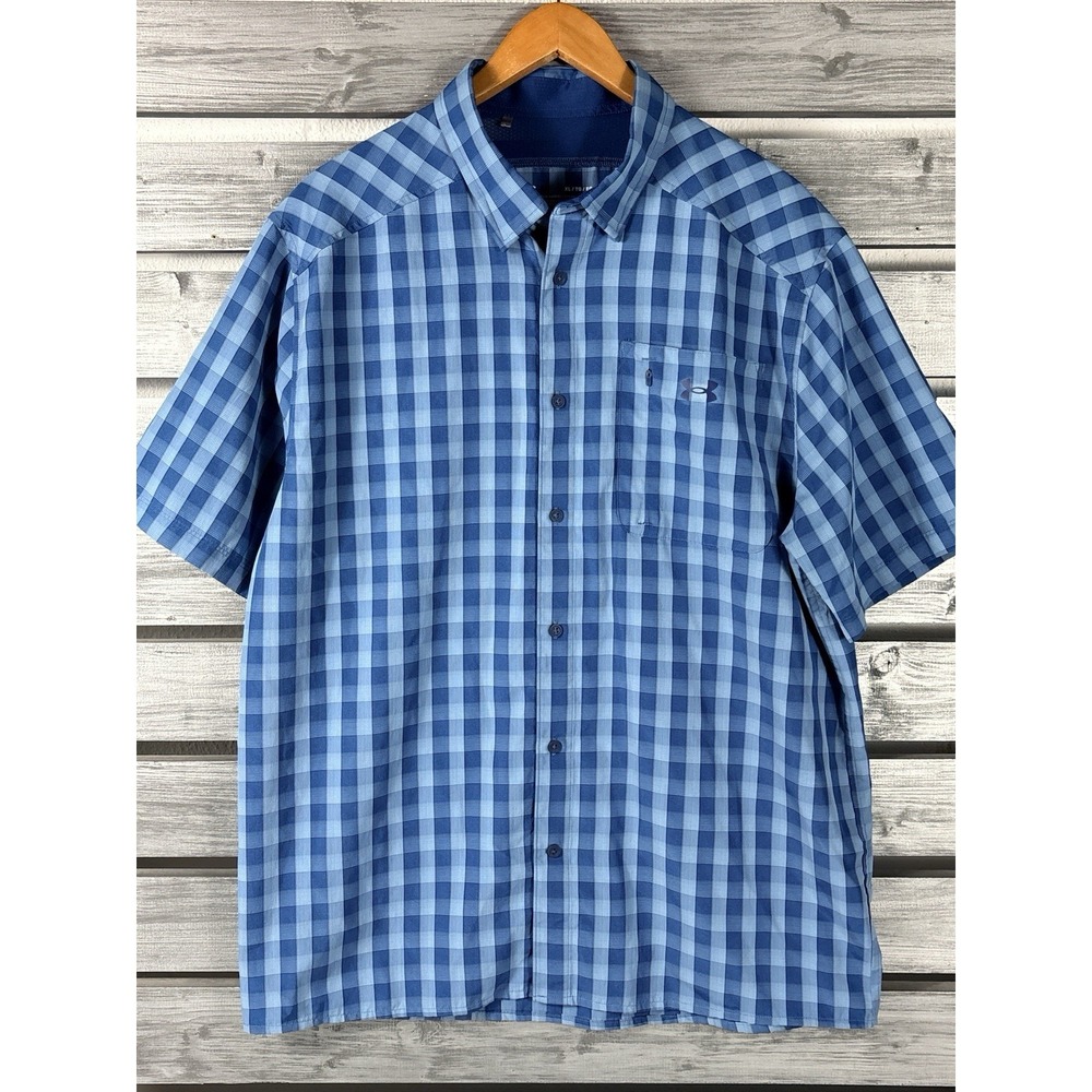 Under Armour Fishing Hiking Shirt Mens XL Blue Plaid Short Sleeve Button Up